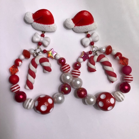 nice vs naughty Jewelry - Candy cane holiday bow red Xmas Christmas earring